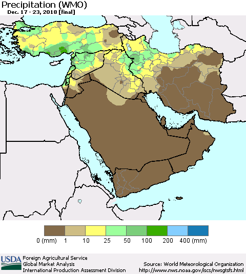Middle East and Turkey Precipitation (WMO) Thematic Map For 12/17/2018 - 12/23/2018