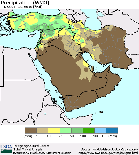 Middle East and Turkey Precipitation (WMO) Thematic Map For 12/24/2018 - 12/30/2018