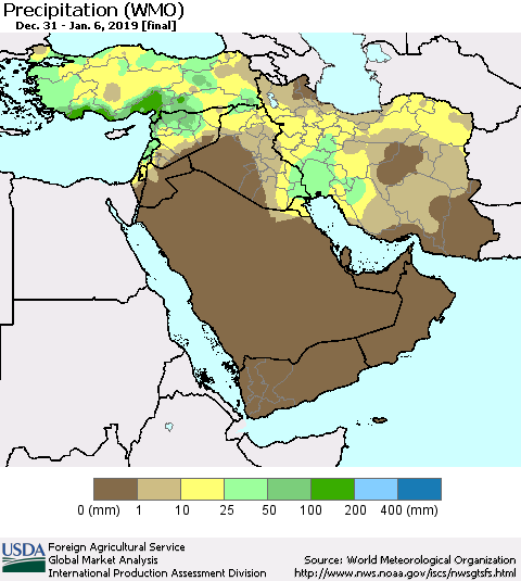 Middle East and Turkey Precipitation (WMO) Thematic Map For 12/31/2018 - 1/6/2019