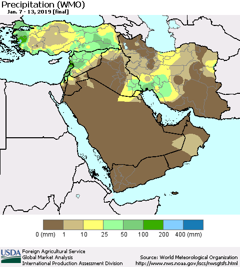 Middle East and Turkey Precipitation (WMO) Thematic Map For 1/7/2019 - 1/13/2019