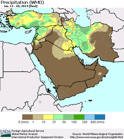 Middle East and Turkey Precipitation (WMO) Thematic Map For 1/14/2019 - 1/20/2019