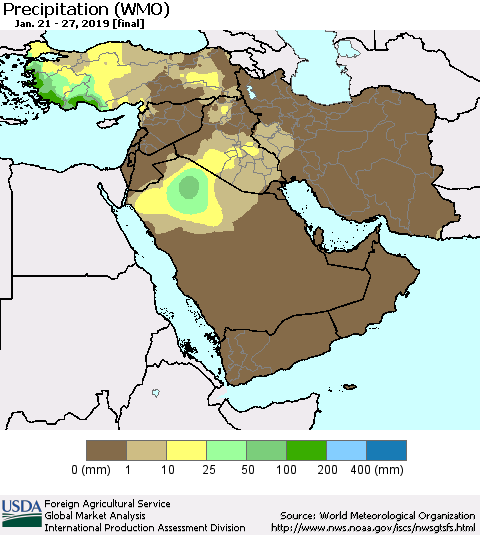 Middle East and Turkey Precipitation (WMO) Thematic Map For 1/21/2019 - 1/27/2019