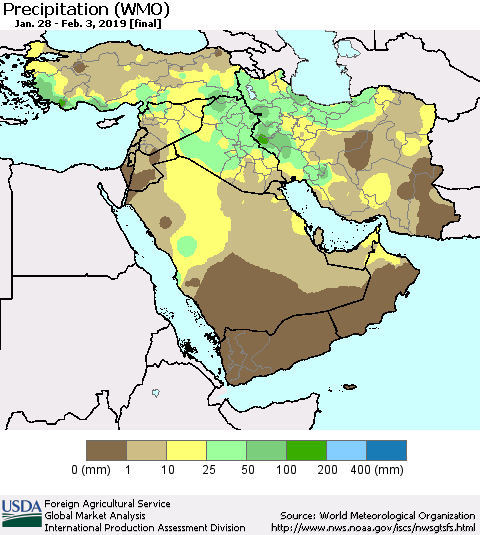 Middle East and Turkey Precipitation (WMO) Thematic Map For 1/28/2019 - 2/3/2019