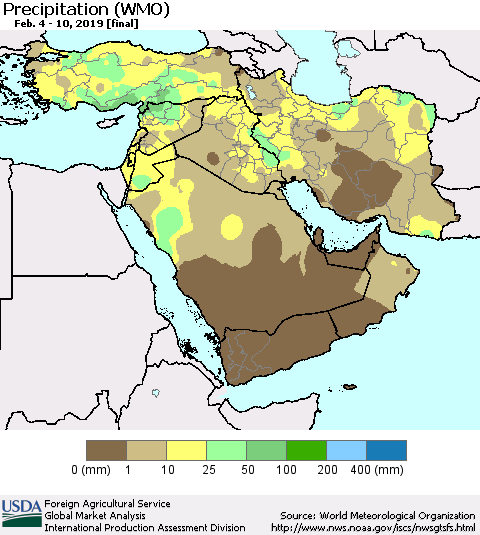 Middle East and Turkey Precipitation (WMO) Thematic Map For 2/4/2019 - 2/10/2019