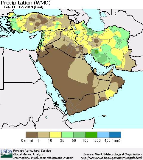 Middle East and Turkey Precipitation (WMO) Thematic Map For 2/11/2019 - 2/17/2019