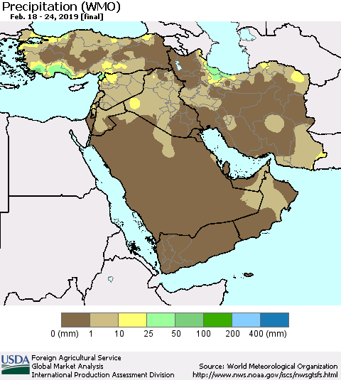 Middle East and Turkey Precipitation (WMO) Thematic Map For 2/18/2019 - 2/24/2019