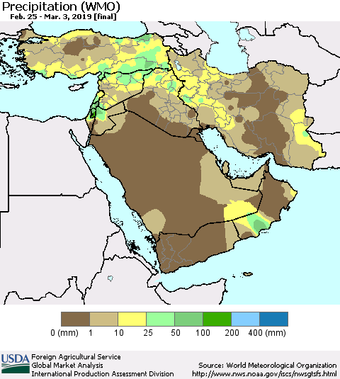 Middle East and Turkey Precipitation (WMO) Thematic Map For 2/25/2019 - 3/3/2019