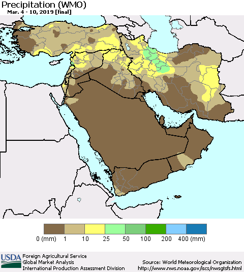 Middle East and Turkey Precipitation (WMO) Thematic Map For 3/4/2019 - 3/10/2019