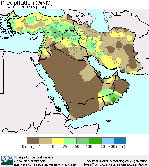 Middle East and Turkey Precipitation (WMO) Thematic Map For 3/11/2019 - 3/17/2019