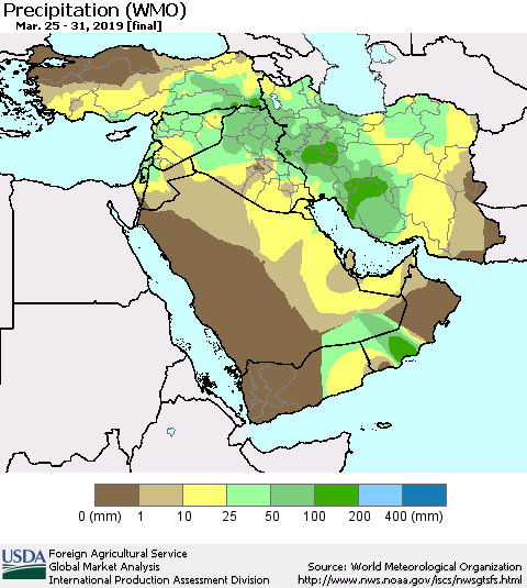 Middle East and Turkey Precipitation (WMO) Thematic Map For 3/25/2019 - 3/31/2019