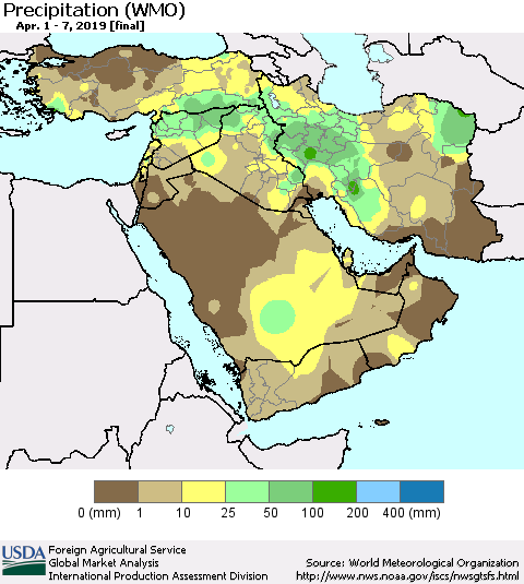 Middle East and Turkey Precipitation (WMO) Thematic Map For 4/1/2019 - 4/7/2019