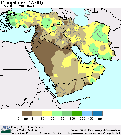 Middle East and Turkey Precipitation (WMO) Thematic Map For 4/8/2019 - 4/14/2019