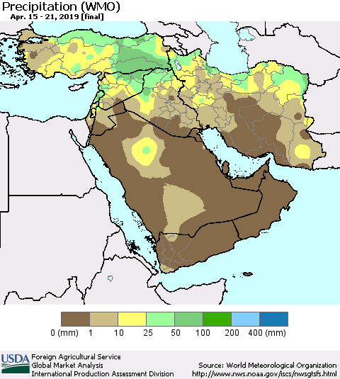 Middle East and Turkey Precipitation (WMO) Thematic Map For 4/15/2019 - 4/21/2019