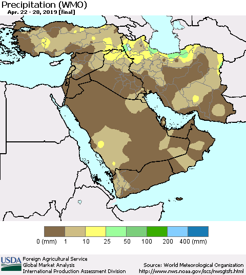 Middle East and Turkey Precipitation (WMO) Thematic Map For 4/22/2019 - 4/28/2019