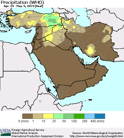 Middle East and Turkey Precipitation (WMO) Thematic Map For 4/29/2019 - 5/5/2019