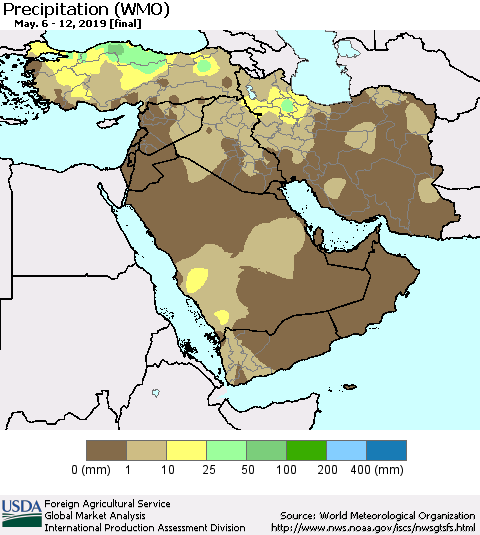 Middle East and Turkey Precipitation (WMO) Thematic Map For 5/6/2019 - 5/12/2019