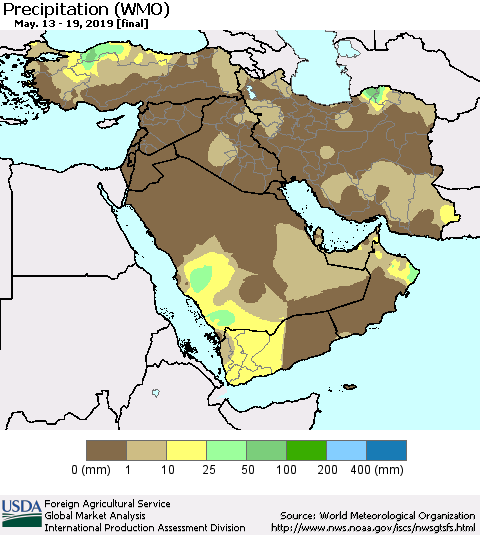 Middle East and Turkey Precipitation (WMO) Thematic Map For 5/13/2019 - 5/19/2019