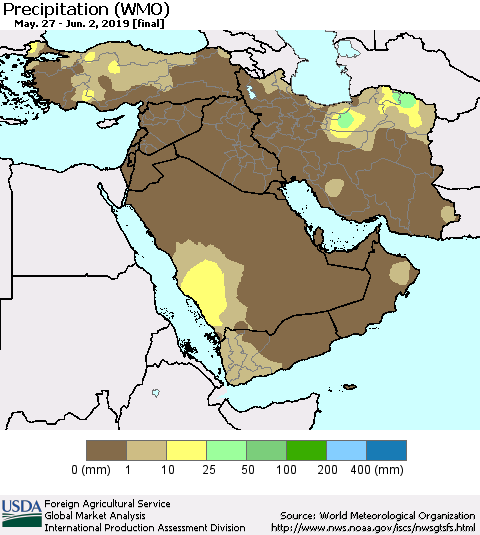 Middle East and Turkey Precipitation (WMO) Thematic Map For 5/27/2019 - 6/2/2019