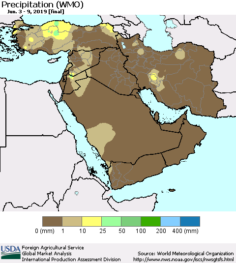 Middle East and Turkey Precipitation (WMO) Thematic Map For 6/3/2019 - 6/9/2019