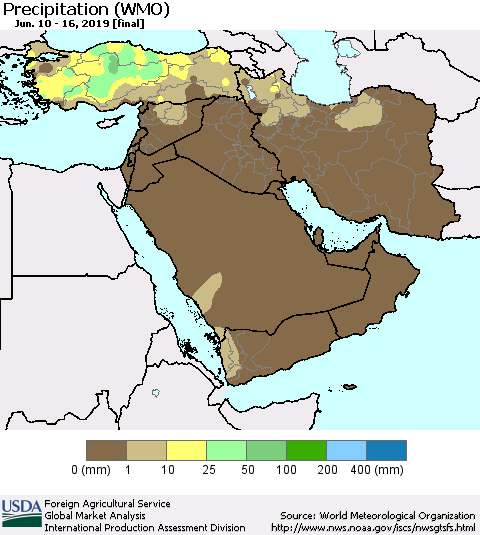 Middle East and Turkey Precipitation (WMO) Thematic Map For 6/10/2019 - 6/16/2019