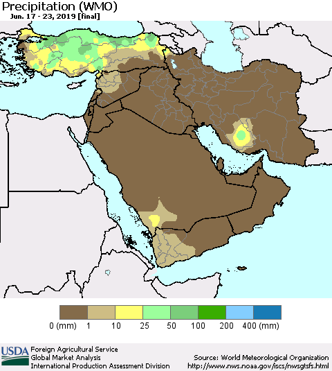 Middle East and Turkey Precipitation (WMO) Thematic Map For 6/17/2019 - 6/23/2019
