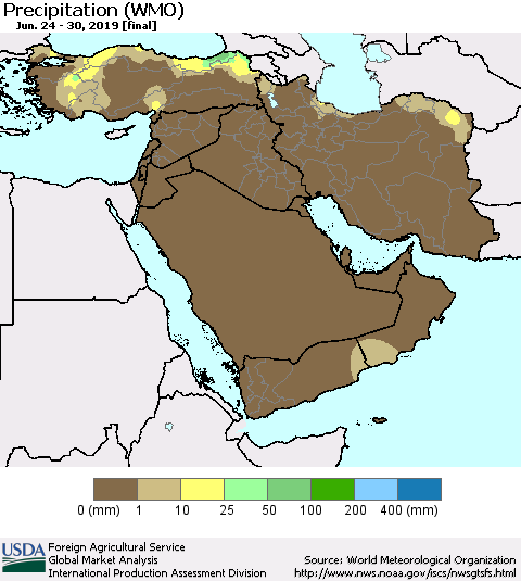 Middle East and Turkey Precipitation (WMO) Thematic Map For 6/24/2019 - 6/30/2019