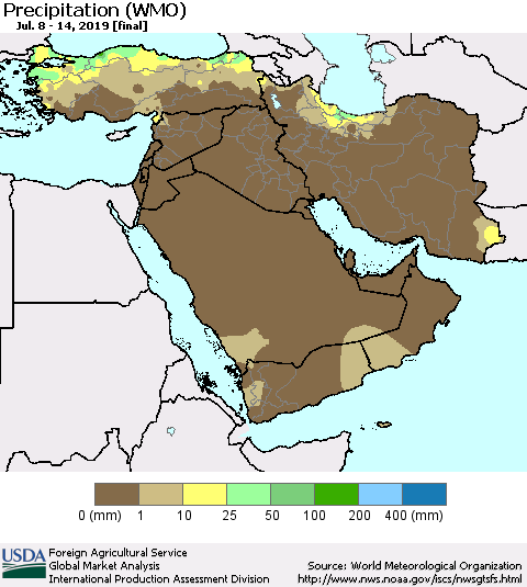 Middle East and Turkey Precipitation (WMO) Thematic Map For 7/8/2019 - 7/14/2019