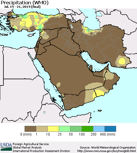Middle East and Turkey Precipitation (WMO) Thematic Map For 7/15/2019 - 7/21/2019