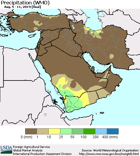 Middle East and Turkey Precipitation (WMO) Thematic Map For 8/5/2019 - 8/11/2019