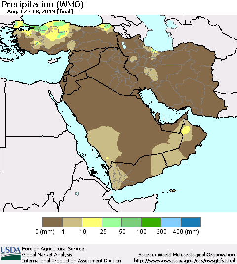 Middle East and Turkey Precipitation (WMO) Thematic Map For 8/12/2019 - 8/18/2019