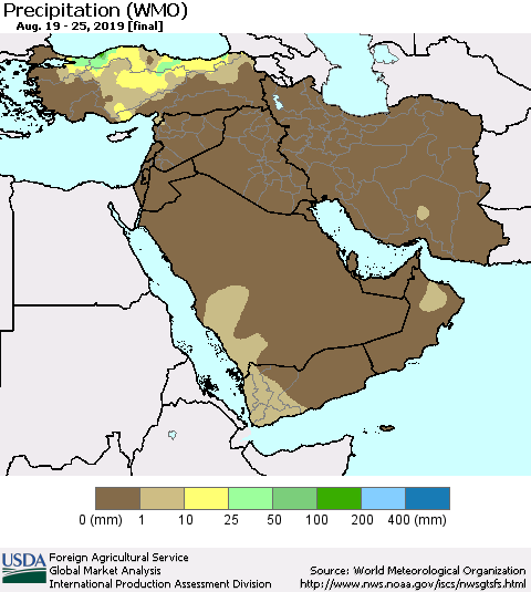 Middle East and Turkey Precipitation (WMO) Thematic Map For 8/19/2019 - 8/25/2019