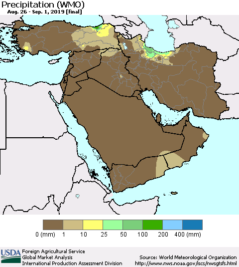 Middle East and Turkey Precipitation (WMO) Thematic Map For 8/26/2019 - 9/1/2019
