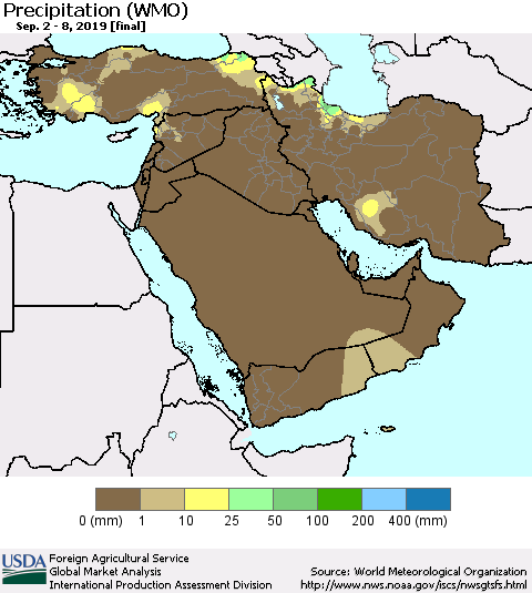 Middle East and Turkey Precipitation (WMO) Thematic Map For 9/2/2019 - 9/8/2019