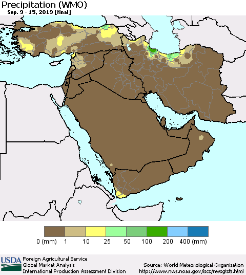 Middle East and Turkey Precipitation (WMO) Thematic Map For 9/9/2019 - 9/15/2019