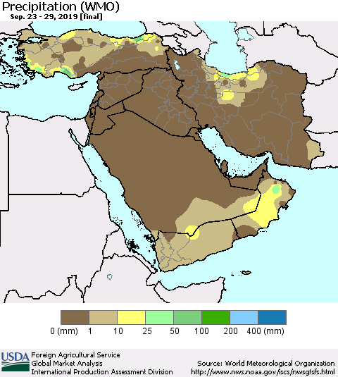 Middle East and Turkey Precipitation (WMO) Thematic Map For 9/23/2019 - 9/29/2019