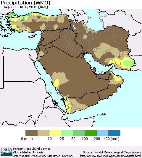 Middle East and Turkey Precipitation (WMO) Thematic Map For 9/30/2019 - 10/6/2019
