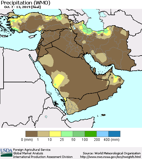 Middle East and Turkey Precipitation (WMO) Thematic Map For 10/7/2019 - 10/13/2019
