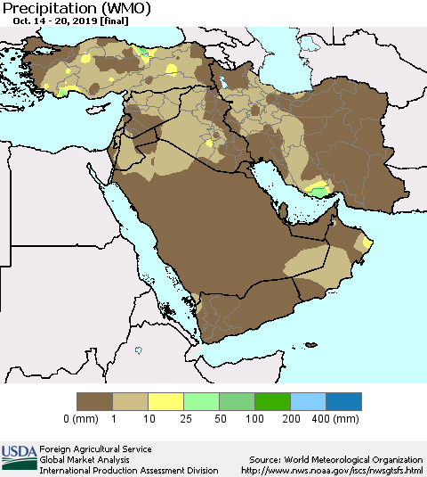 Middle East and Turkey Precipitation (WMO) Thematic Map For 10/14/2019 - 10/20/2019