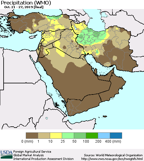 Middle East and Turkey Precipitation (WMO) Thematic Map For 10/21/2019 - 10/27/2019