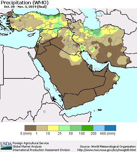 Middle East and Turkey Precipitation (WMO) Thematic Map For 10/28/2019 - 11/3/2019