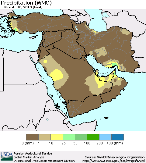 Middle East and Turkey Precipitation (WMO) Thematic Map For 11/4/2019 - 11/10/2019