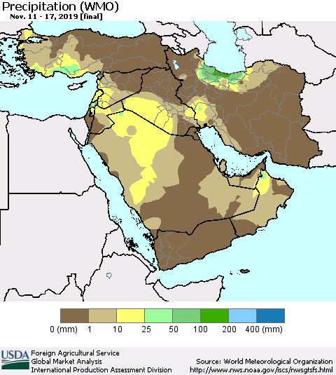 Middle East and Turkey Precipitation (WMO) Thematic Map For 11/11/2019 - 11/17/2019