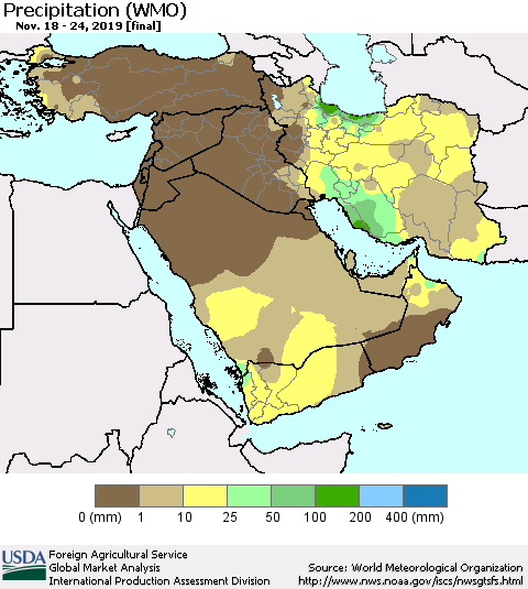 Middle East and Turkey Precipitation (WMO) Thematic Map For 11/18/2019 - 11/24/2019