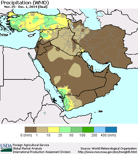 Middle East and Turkey Precipitation (WMO) Thematic Map For 11/25/2019 - 12/1/2019