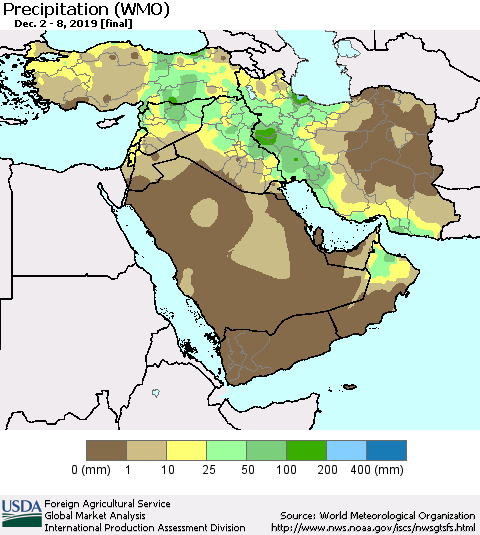 Middle East and Turkey Precipitation (WMO) Thematic Map For 12/2/2019 - 12/8/2019