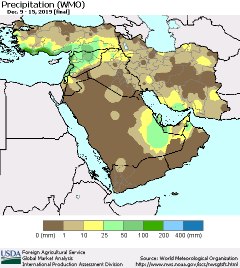 Middle East and Turkey Precipitation (WMO) Thematic Map For 12/9/2019 - 12/15/2019