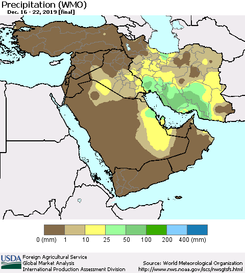 Middle East and Turkey Precipitation (WMO) Thematic Map For 12/16/2019 - 12/22/2019