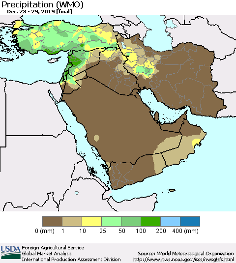 Middle East and Turkey Precipitation (WMO) Thematic Map For 12/23/2019 - 12/29/2019