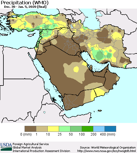 Middle East and Turkey Precipitation (WMO) Thematic Map For 12/30/2019 - 1/5/2020