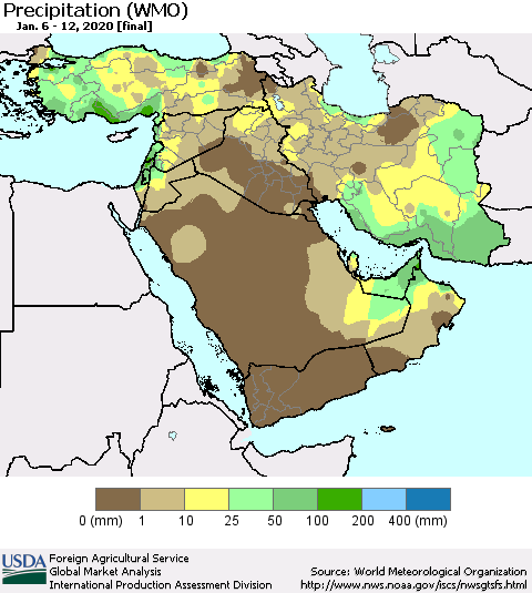 Middle East and Turkey Precipitation (WMO) Thematic Map For 1/6/2020 - 1/12/2020